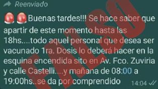 El falso mensaje sobre la vacunación del personal policial en la ciudad de Santa Fe