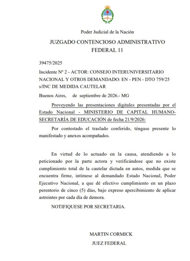 Financiamiento Universitario: el Gobierno tiene cinco días para cumplir con la ley
