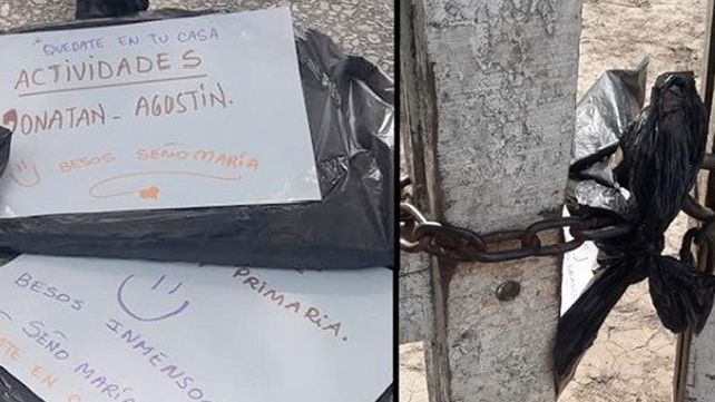 Maestra rural deja tareas en las tranqueras de los campos de sus alumnos