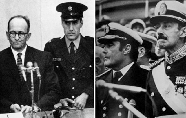 Eichmann durante el desarrollo del juicio en Jerusalén. Massera y Videla.