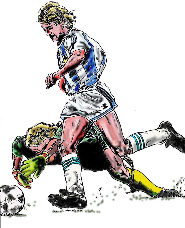 Ilustración de Walter Hugo del gol de Claudio Caniggia a Brasil en el Mundial de Italia '90. 