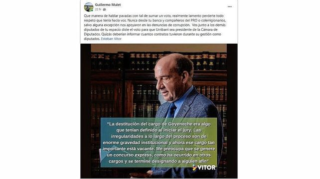 Destitución de Goyeneche: Mulet criticó a JxC, y les preguntó por los contratos de Diputados