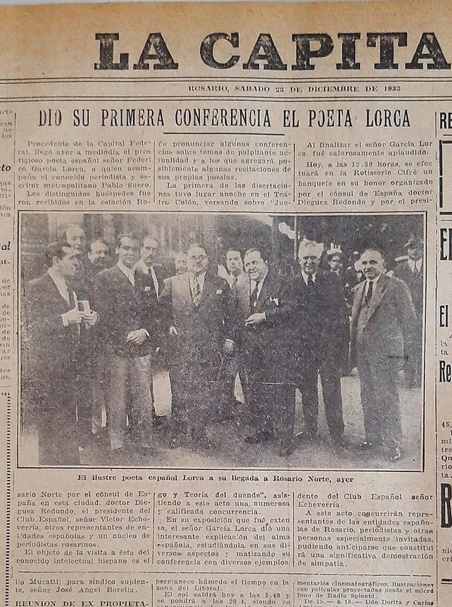 Dio su primera conferencia el poeta Lorca. Titula La Capital en edición del sábado 23 de diciembre de 1933. 