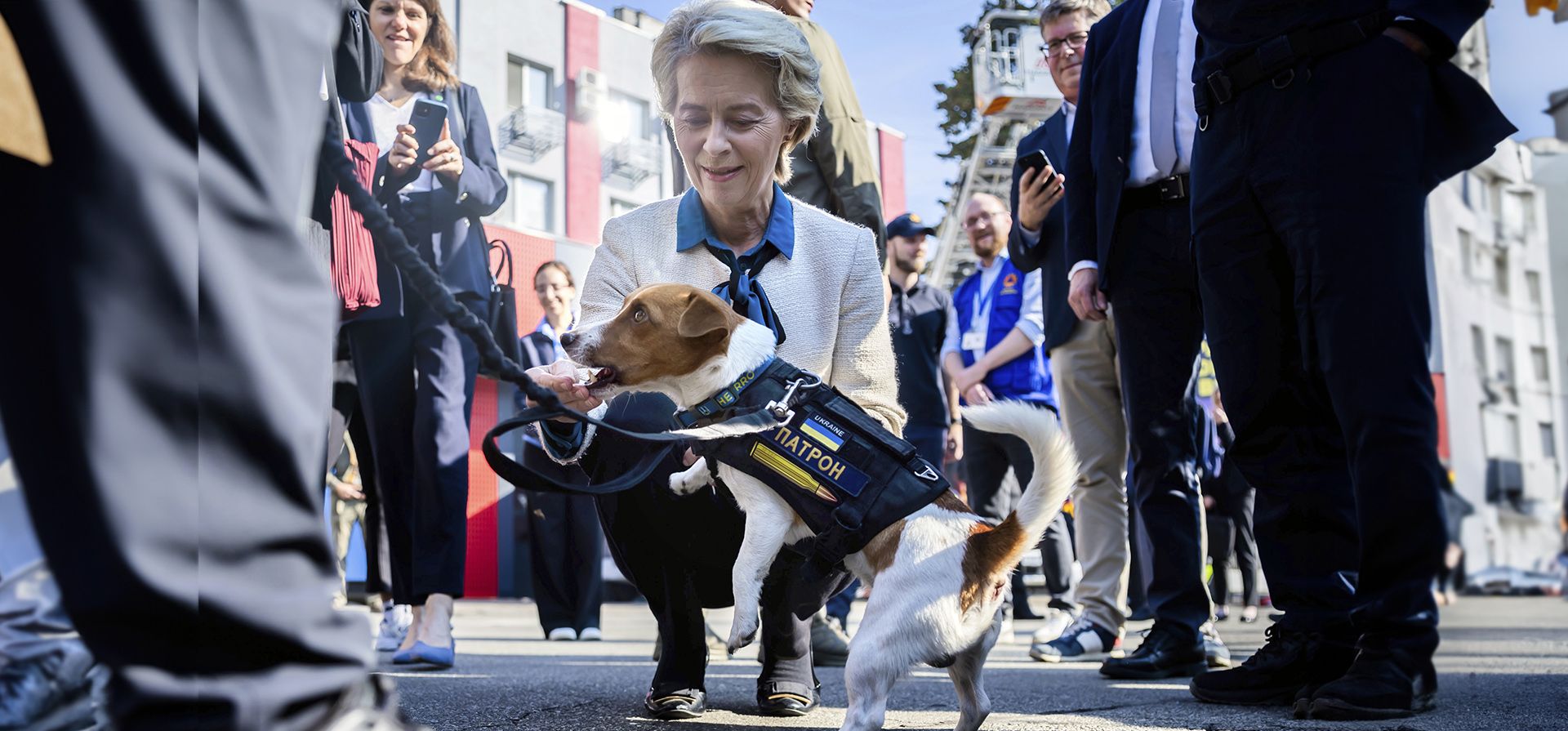 La presidenta de la Comisión Europea, Ursula von der Leyen (centro), alimenta a un terrier Jack Russell, perro detector de minas Patron durante su visita a la sede del SESU (Servicio Estatal de Emergencias de Ucrania), en Kiev, Ucrania, el viernes 20 de septiembre de 2024. (Christoph Soeder, Pool vía AP) La presidenta de la Comisión Europea, Ursula von der Leyen (centro), alimenta a un terrier Jack Russell, perro detector de minas Patron durante su visita a la sede del SESU (Servicio Estatal de Emergencias de Ucrania), en Kiev, Ucrania, el viernes 20 de septiembre de 2024. (Christoph Soeder, Pool vía AP)