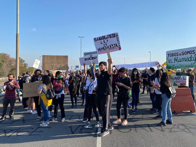 Los manifestantes se concentrarion en el puente Rosario-Victoria y pidieron el fin de las quemas en las islas.