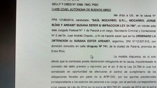 El oficio. Desde la Justicia Federal de Paraná se emitió la orden de detención.