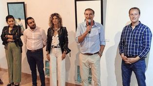 Gustavo Pueyo en la muestra Pintó Fútbol que se realizó en la ciudad de San Justo.