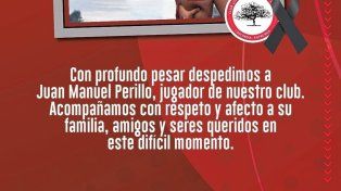 Los Espinillos expresó su profundo dolor por la muerte de Juan Manuel Perillo.