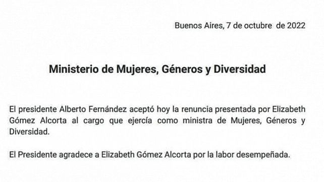 Alberto Fernández aceptó renuncia de Elizabeth Gómez Alcorta