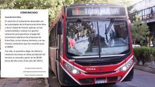 UTA levanta el paro y este lunes vuelven a circular los colectivos en Paraná.