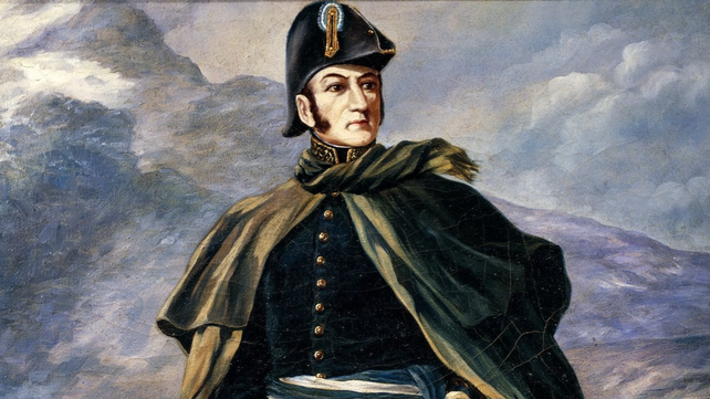 Ilustración del General José de San Martín durante el Cruce de la cordillera de los Andes.