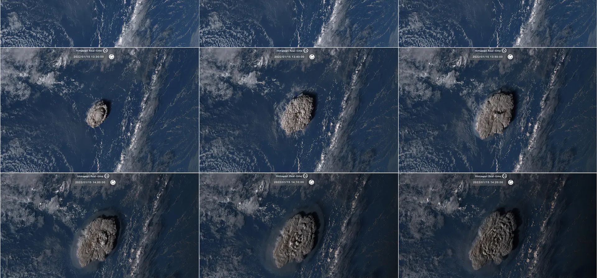 Una combinación de imágenes satelitales tomadas por Himawari-8, un satélite meteorológico japonés operado por la Agencia Meteorológica de Japón y publicado por el Instituto Nacional de Tecnología de la Información y las Comunicaciones (NICT). Fotografía: AP