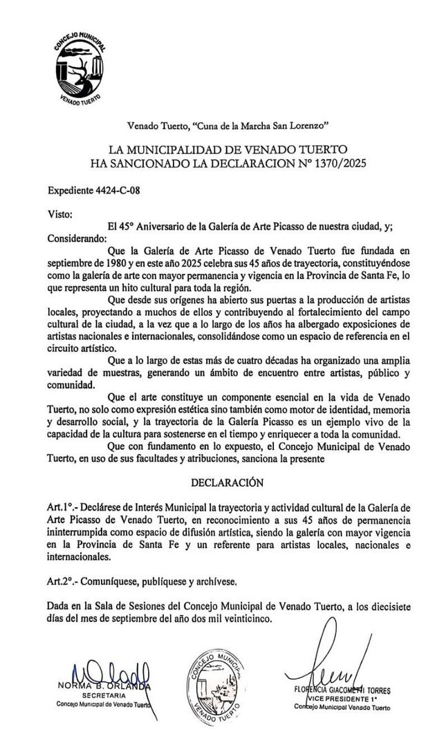 La Galería de Arte Picasso celebra 45 años de cultura viva en Venado Tuerto
