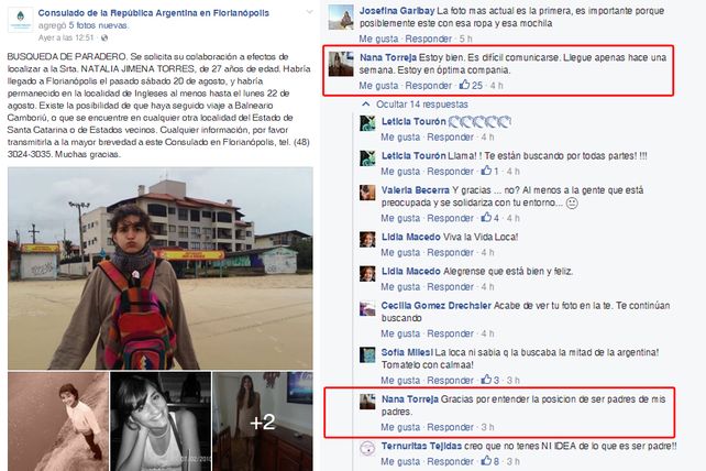 La chica desaparecida en Brasil publicó un mensaje en el Facebook del consulado argentino