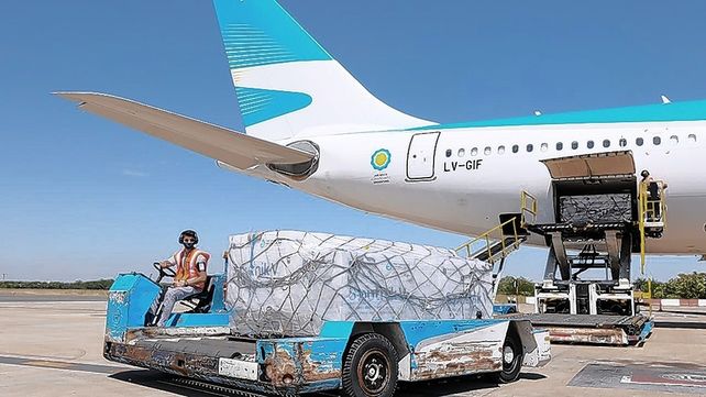 El avión de Aerolíneas Argentinas que trajo las primeras 300 mil dosis de la vacuna Sputnik V provenientes de Rusia.