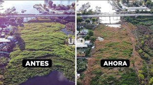 Embalsado en el Riacho Santa Fe. El antes y el después del inicio de los trabajos de remoción de la vegetación acuática el viernes 16 de febrero.&nbsp;