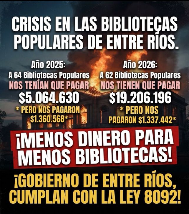 Bibliotecas Populares de Entre Ríos denuncian recortes presupuestarios y exigen el cumplimiento de la Ley 8092