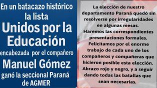 Elecciones en Agmer: Marcha Blanca festejó pero la Rojo y Negro denunció irregularidades