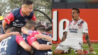 El goleador Di Vanni está en el medio de la montonera en Oriental. Al lado, su grito ante Boca en el Kempes.