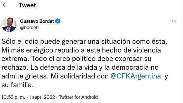Dirigentes políticos entrerrianos se expresaron en redes por el ataque a Cristina Fernández