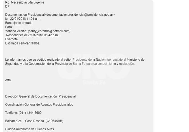 La respuesta que recibió Sabrina por parte de la presidencia de la Nación.