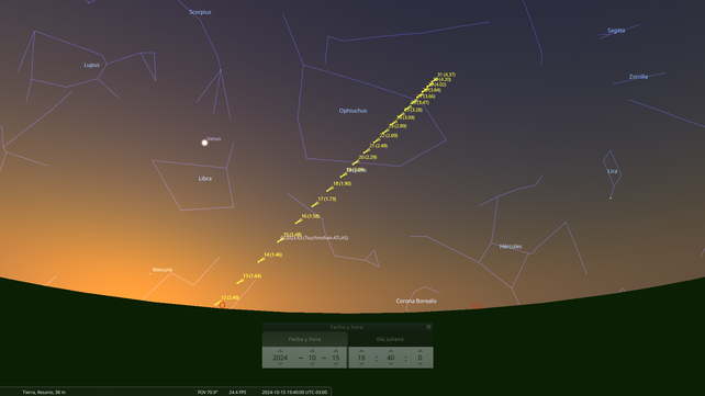 Dirección del cometa C/2023 A3 durante el 15 de octubre en Rosario, desde el noroeste al oeste.