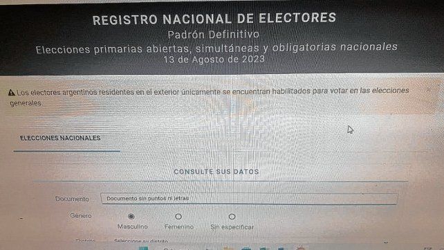 Padrón electoral para las Paso nacionales del 13 de agosto