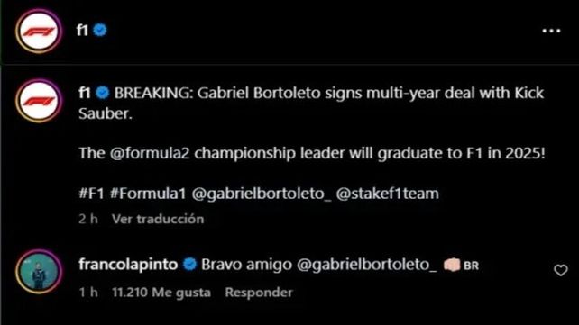 Franco Colapinto comentó la publicación dando apoyo a Bortoleto