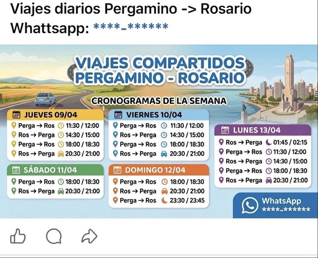 Captura de pantalla de un grupo de Facebok donde se organizan idas y vueltas a Pergamino.