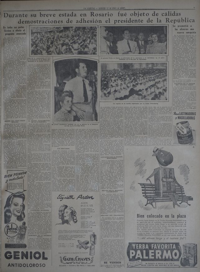 Página de la edición del 12 de enero de 1947, cobertura y crónica del primera viaje a Rosario de Evita y Perón. Edición del 11 de enero de 1947. 