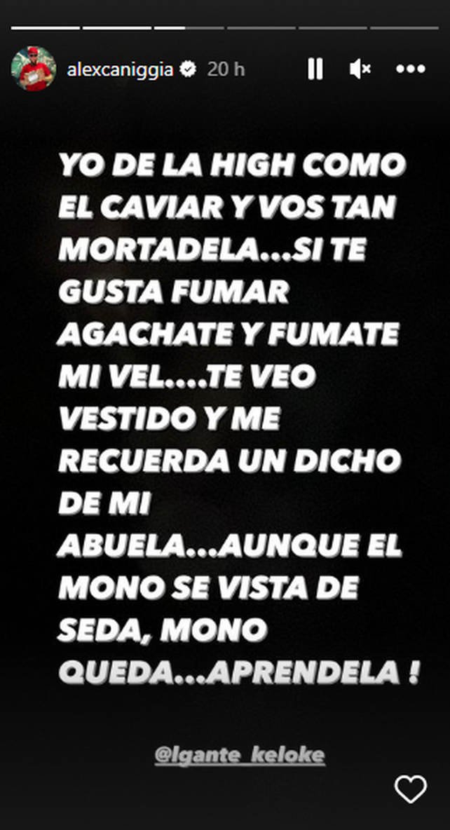Respuesta de Alex Caniggia en Instagram