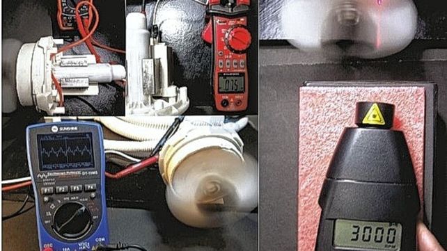 Motor síncrono. Tipo PMSM/IPM conectado al osciloscopio que muestra la forma de onda de tensión no lineal