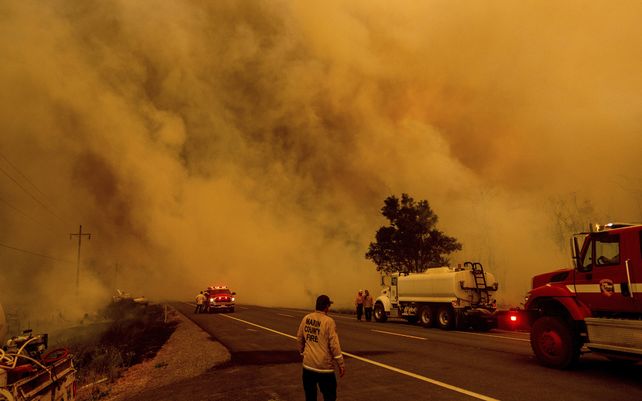 Un incendio forestal arde en la autopista 395 al sur de Janesville en el condado de Lassen