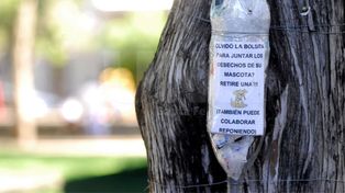 Vecinos proveen bolsas para los paseadores de perros en la plaza