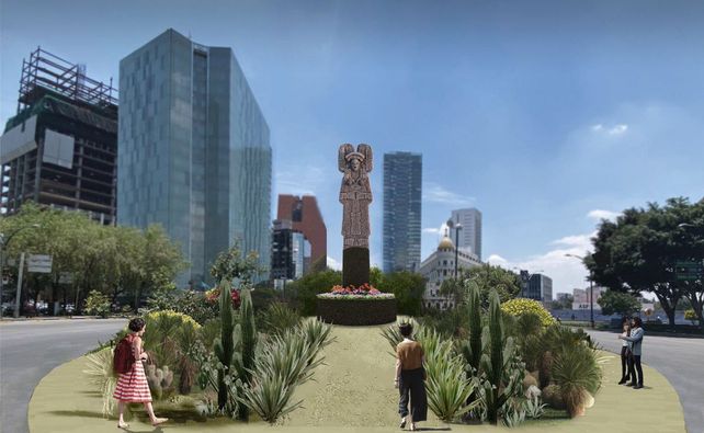 Imagen digital que muestra cómo se verá la plaza con la escultura prehispánica de la joven de Amajac.