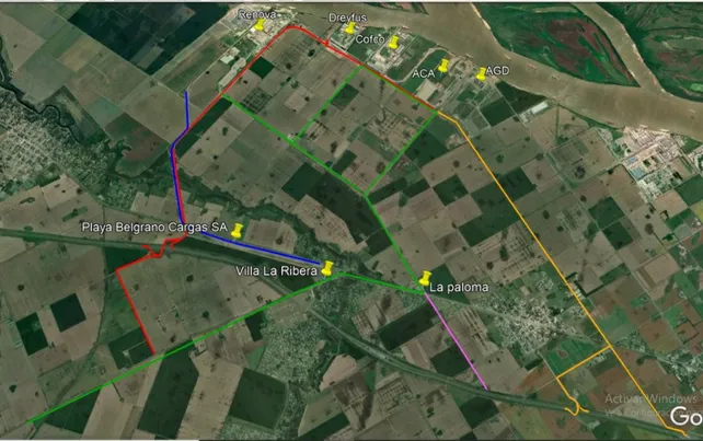 En rojo aparece la obra del desvío proyectado para sacar a los camiones de la villa.