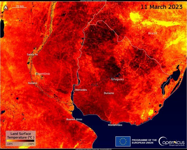 La temperatura de la superficie terrestre medida el sábado 11 de marzo por el satélite Sentinel3 registró picos de 48 °C