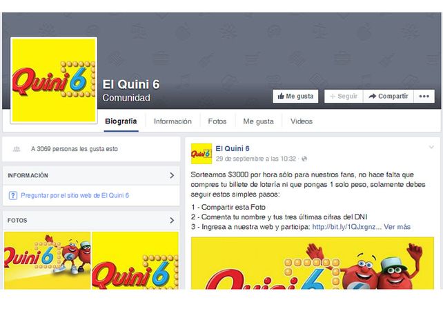 Denuncian que en Facebook se anuncian sorteos con el uso indebido de la marca Quini 6