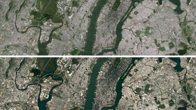 qué diferencia. La imagen anterior (arriba) y la actual del Landsat 8.
