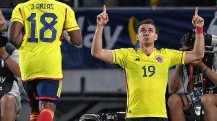 Rafael Santos Borré festeja el gol de Colombia.