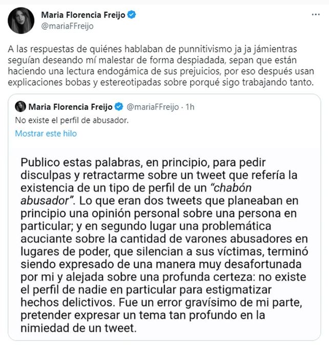 El hilo de Twitter donde Flor Freijo se disculpó con Rebord. 
