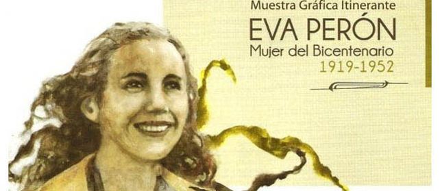 Un afiche de la muestra itinerante sobre Eva Perón que fue llevada a Villa General Belgrano.