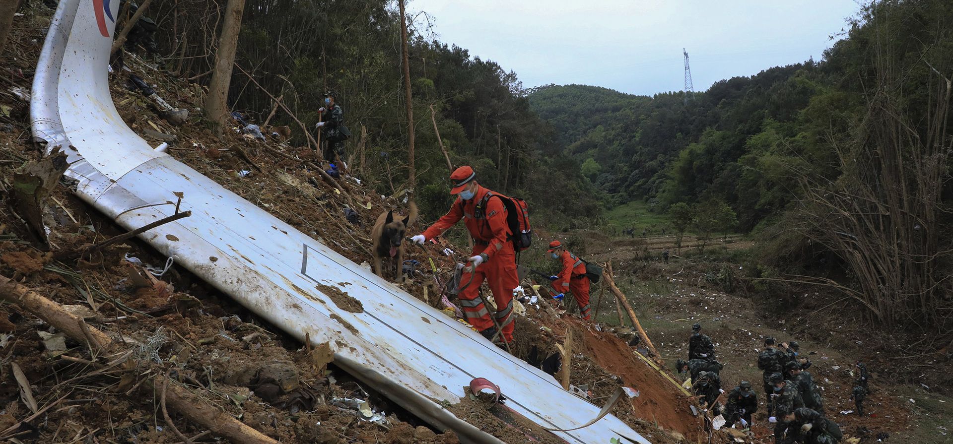 Trabajadores de emergencia utilizan perros rastreadores para buscar la caja negra cerca de los escombros en el lugar del accidente del vuelo de China Eastern en el condado de Tengxian, en la región autónoma de la etnia zhuang de Guangxi, en el sur de China. Foto: AP