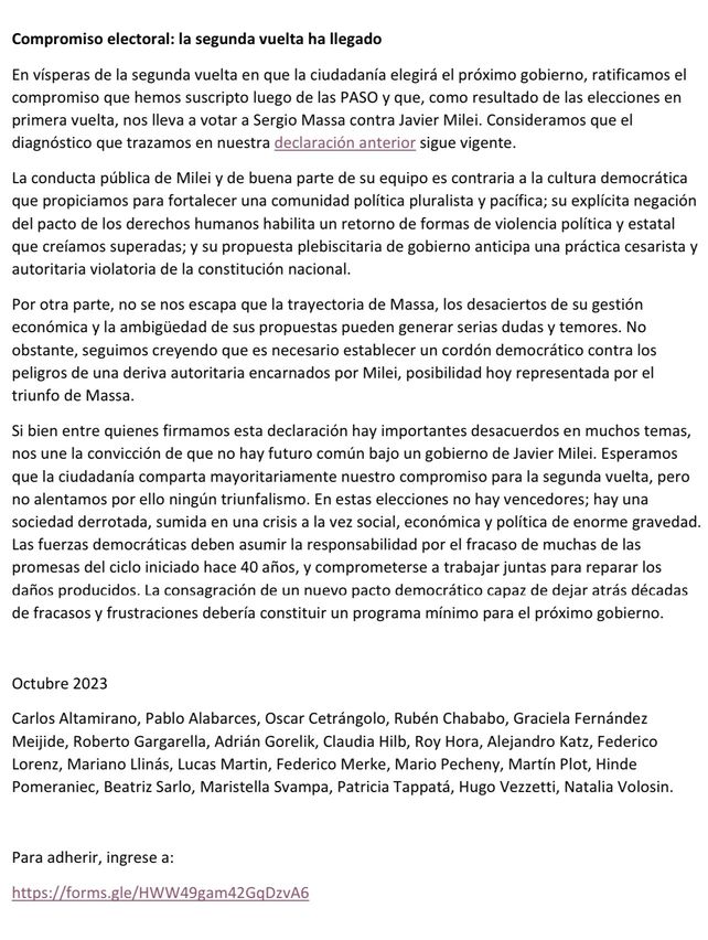 Sarlo, Fernández Meijide y el rosarino Chababo: el comunicado de intelectuales que llaman a votar por Massa