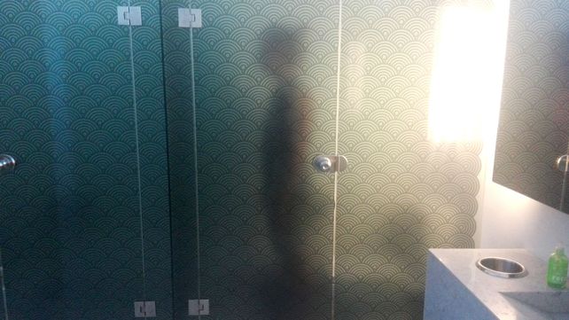 Silueta. El cuerpo de un hombre que ayer ingresó al baño intervenido del Castagnino. Tiene un vidrio ploteado semitransparente que generó debate.