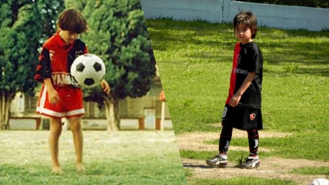 Lionel Messi con la rojinegra cuando jugaba en Malvinas. Y Valentino con la de Newells