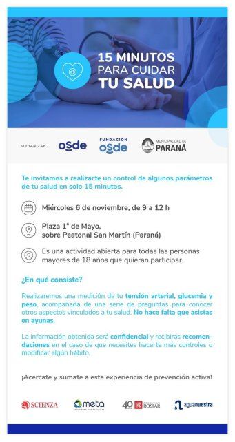 Jornadas de prevención en Paraná bajo el lema: 15 minutos para cuidar tu salud