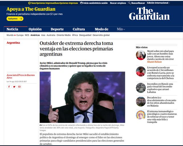 La reacción de los medios internacionales ante el triunfo de Milei en las Paso