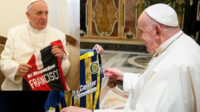 El Papa Francisco con las camisetas de Newells y Central y su nombre en las mismas.