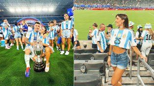 El gualeyo campeón del Mundo y de la Copa América, Lisandro Martínez, festejó junto a su familia y su pareja Muri López Benítez tras la final contra Colombia&nbsp;